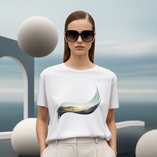 Woman wearing a white t-shirt with a brush Landscape graphic design in a modern indoor setting