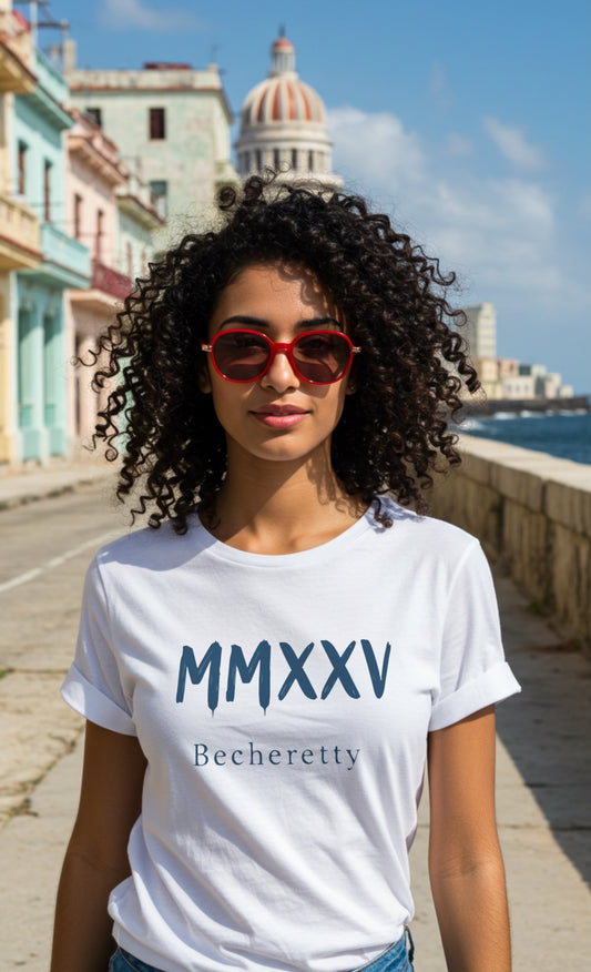 Woman wearing a white t-shirt with 'MMXXV Becheretty' design in an urban setting.