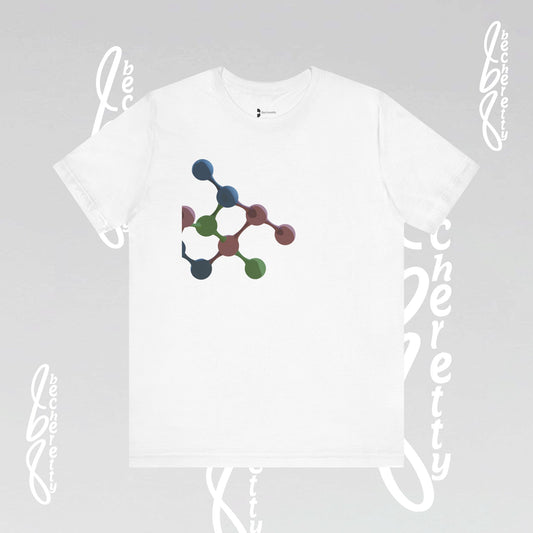 White t-shirt with a colorful and abstract graphic of molecules regrouped.