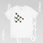 White t-shirt with a colorful and abstract graphic of molecules regrouped.