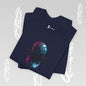 Navy blue t-shirt with colorful basketball design on a light gray background
