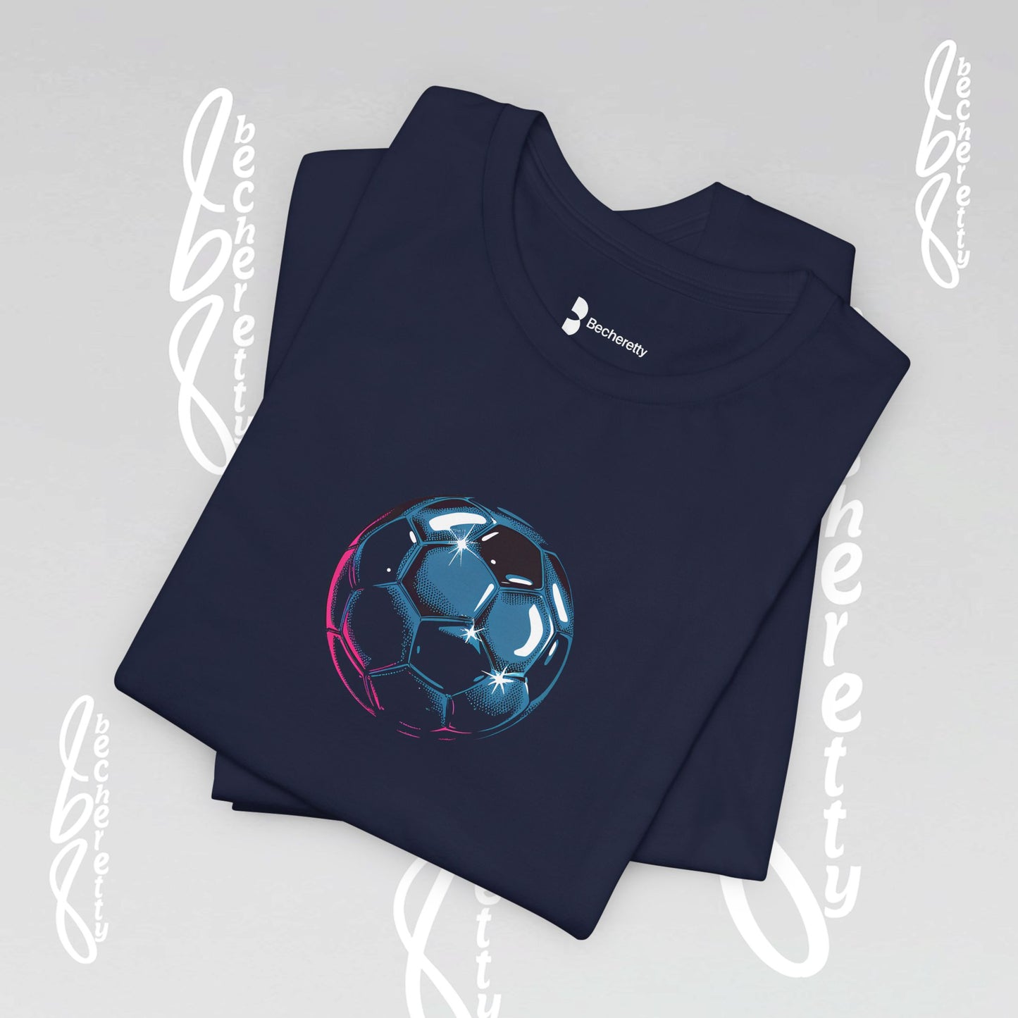 Navy blue t-shirt with a soccer ball design on a light gray background