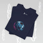 Navy blue t-shirt with a soccer ball design on a light gray background