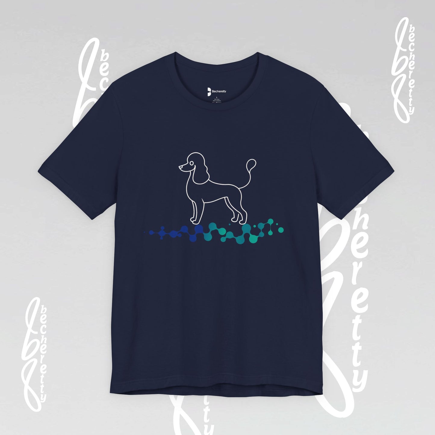 Navy blue t-shirt with a dog graphic on a light gray background