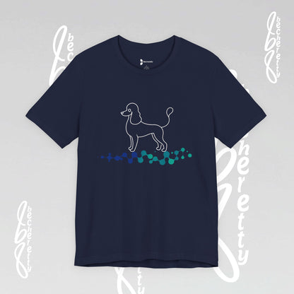 Navy blue t-shirt with a dog graphic on a light gray background