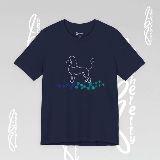 Navy blue t-shirt with a dog graphic on a light gray background