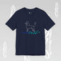 Navy blue t-shirt with a dog graphic on a light gray background
