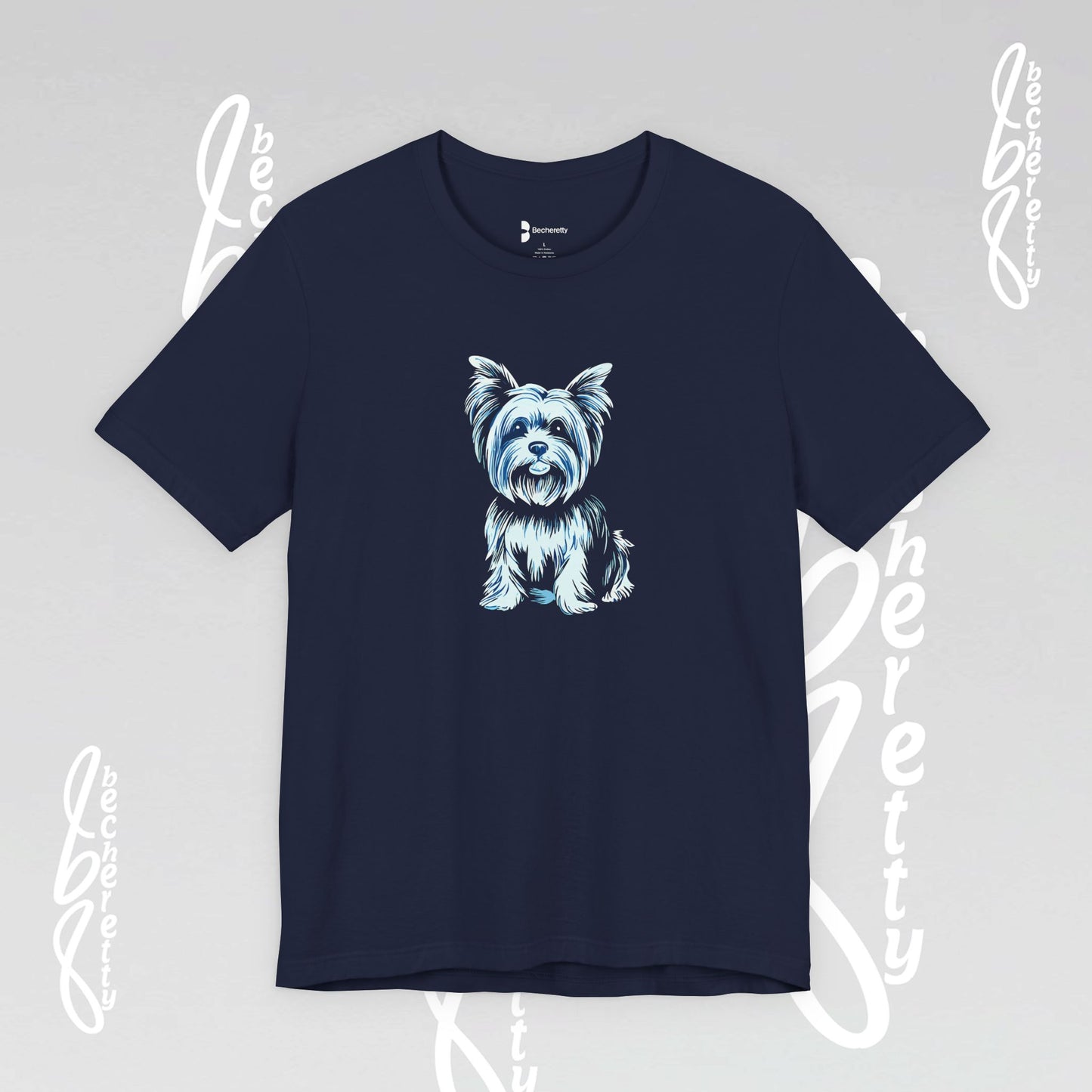 Navy blue t-shirt with a dog graphic on a light gray background