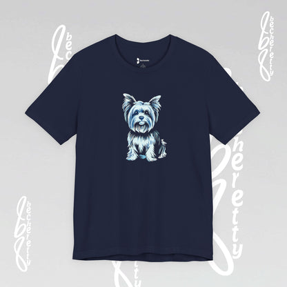 Navy blue t-shirt with a dog graphic on a light gray background