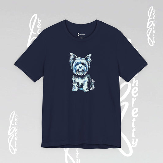 Navy blue t-shirt with a dog graphic on a light gray background