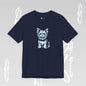 Navy blue t-shirt with a dog graphic on a light gray background
