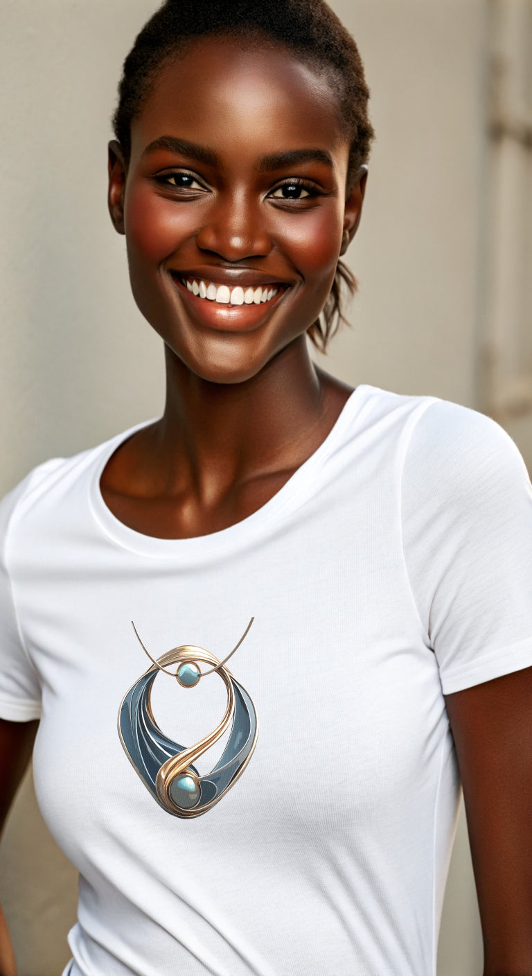 Woman wearing a white t-shirt with a large necklace graphic on a plain background
