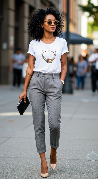 Woman wearing a white t-shirt  with  a necklace graphic, and gray pants on a city street.