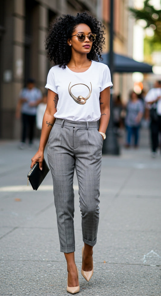 Woman wearing a white t-shirt  with  a necklace graphic, and gray pants on a city street.