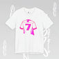 White t-shirt with pink graphic design on a gray background