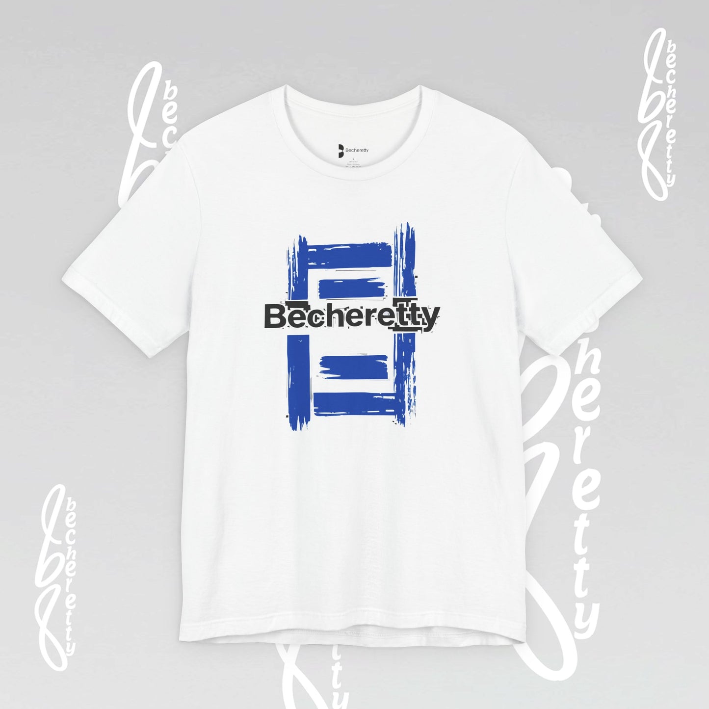 White t-shirt with blue and black graphic design on a gray background