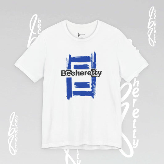 White t-shirt with blue and black graphic design on a gray background