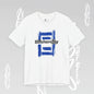 White t-shirt with blue and black graphic design on a gray background