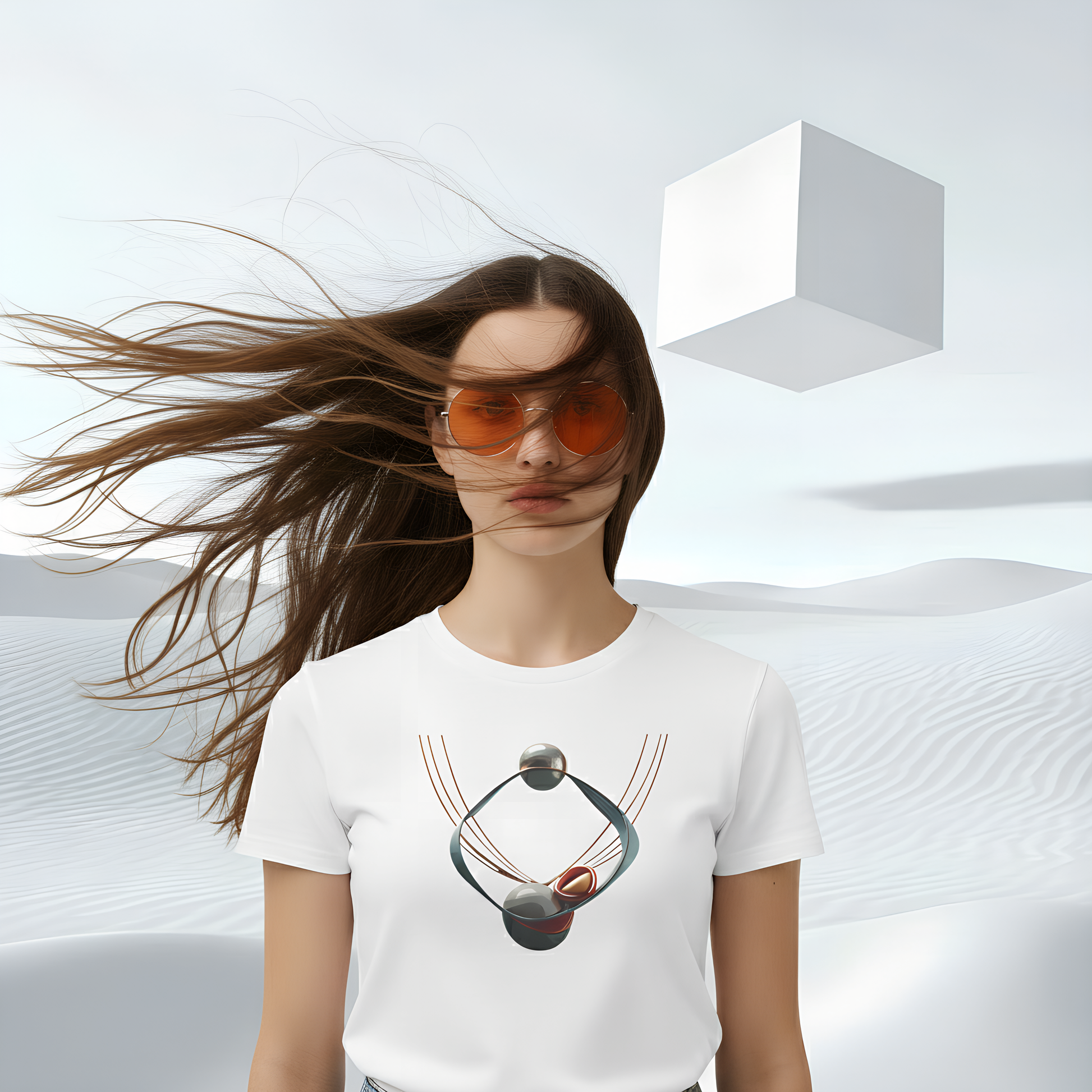 Woman wearing a white t-shirt with a abstract orbital design, standing against a minimalistic background with geometric shapes.
