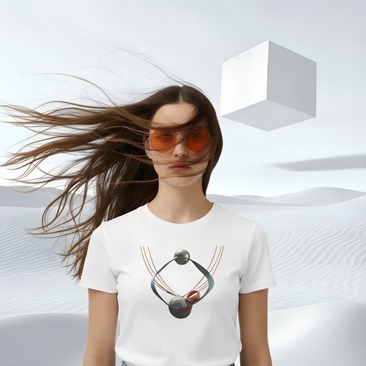 Woman wearing a white t-shirt with a abstract orbital design, standing against a minimalistic background with geometric shapes.