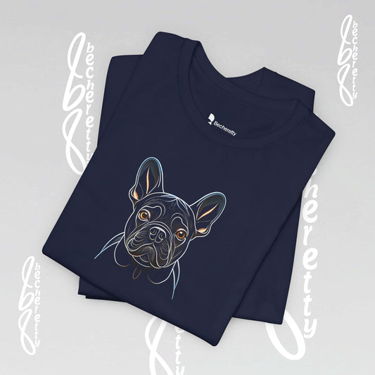 Navy blue t-shirt with a French Bulldog, outline illustration.