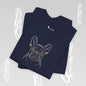 Navy blue t-shirt with a French Bulldog, outline illustration.