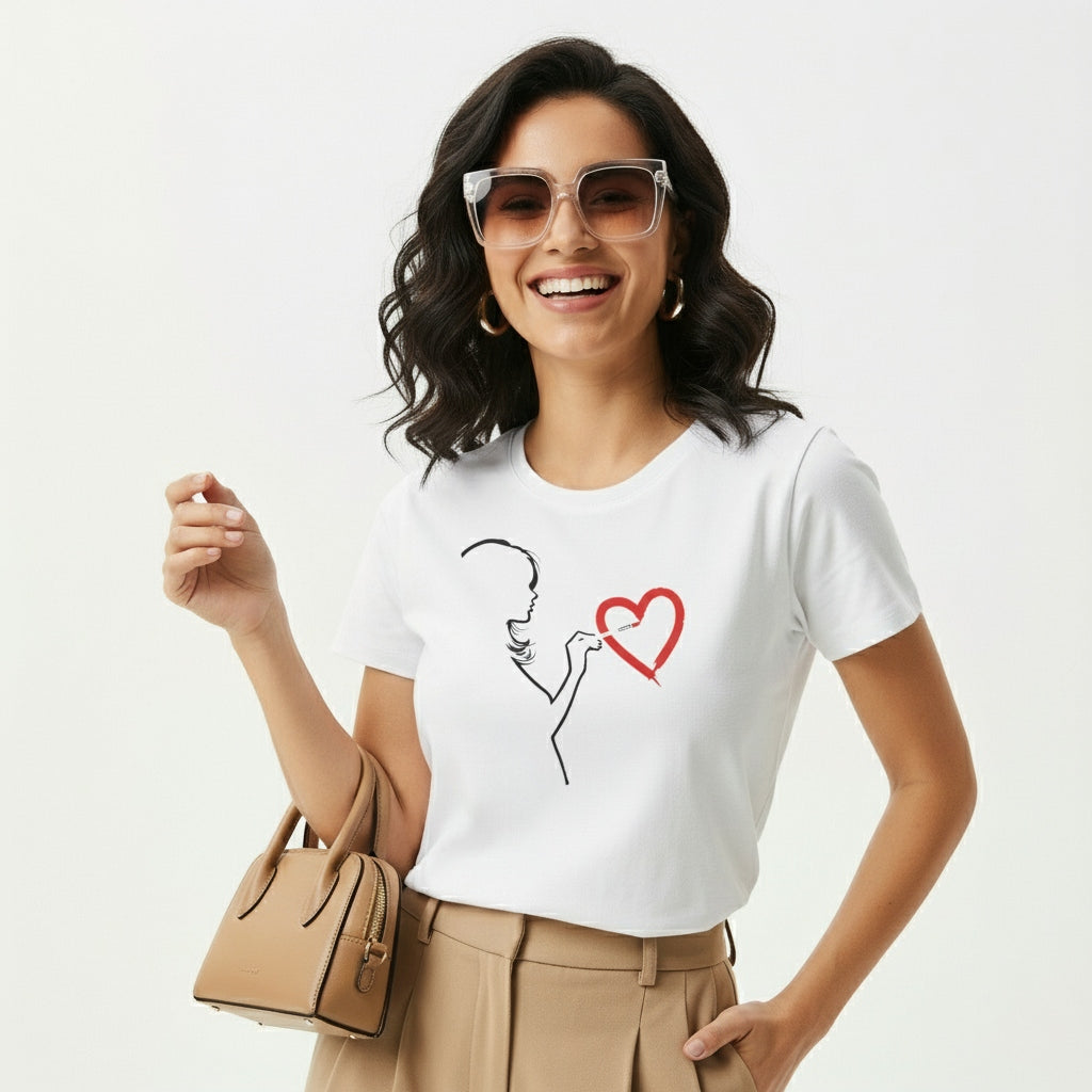 Woman wearing a white t-shirt with a graphic design (painting love), holding a beige handbag on a light gray background