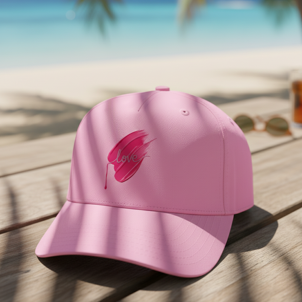 Pink cap with 'love' and heart design, over a wooden table at the beach.