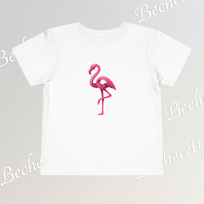 White t-shirt with a pink flamingo design on a light gray background