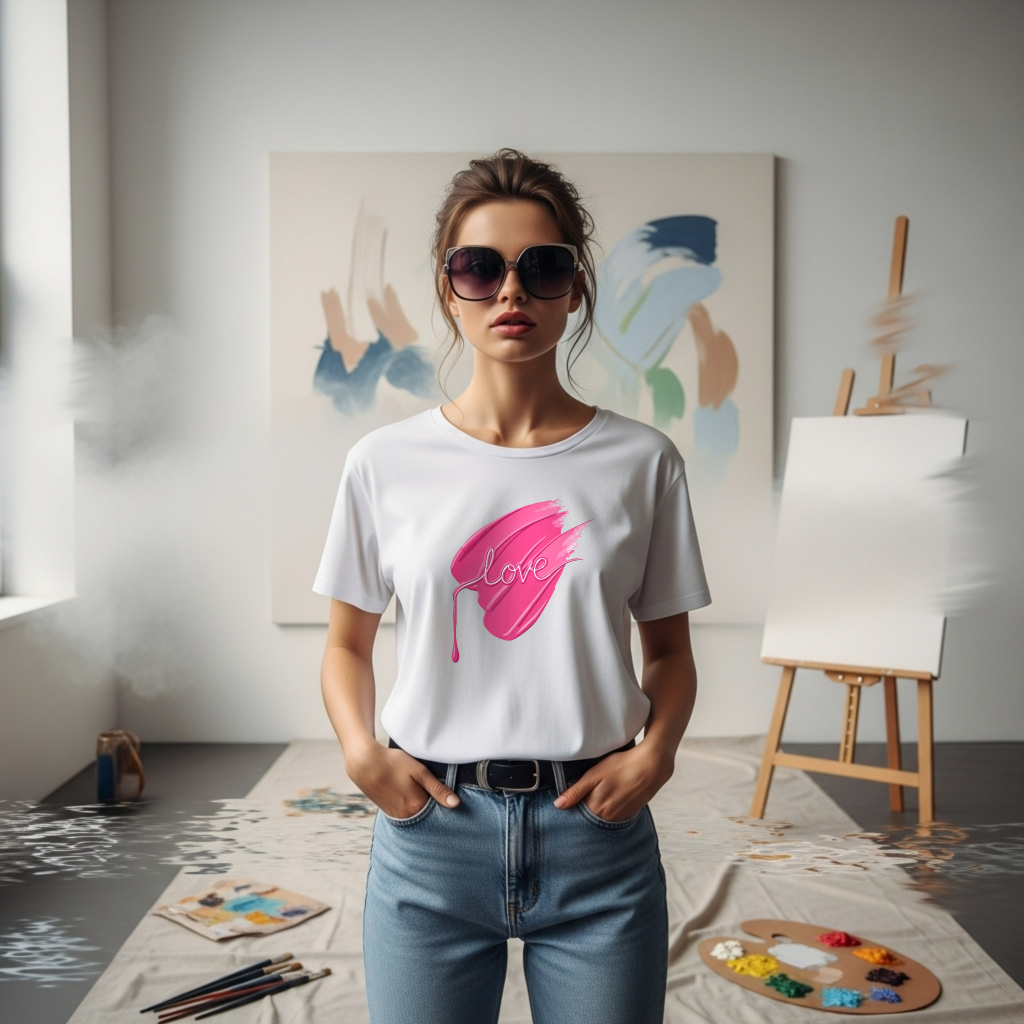 Woman wearing a white t-shirt with a pink "Love " brushstroke in an art studio.