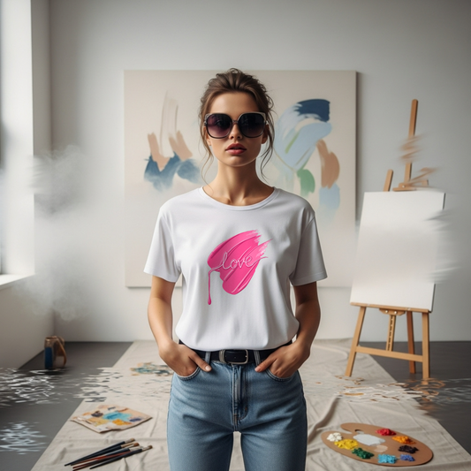 Woman wearing a white t-shirt with a pink "Love " brushstroke in an art studio.