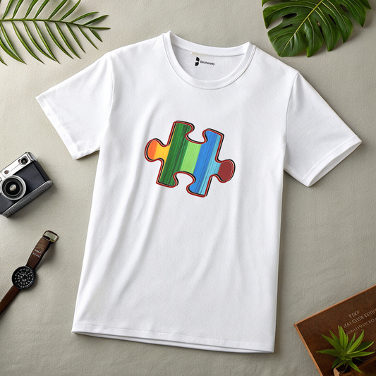 White t-shirt with a colorful puzzle piece design on a light surface with green leaves and a camera.