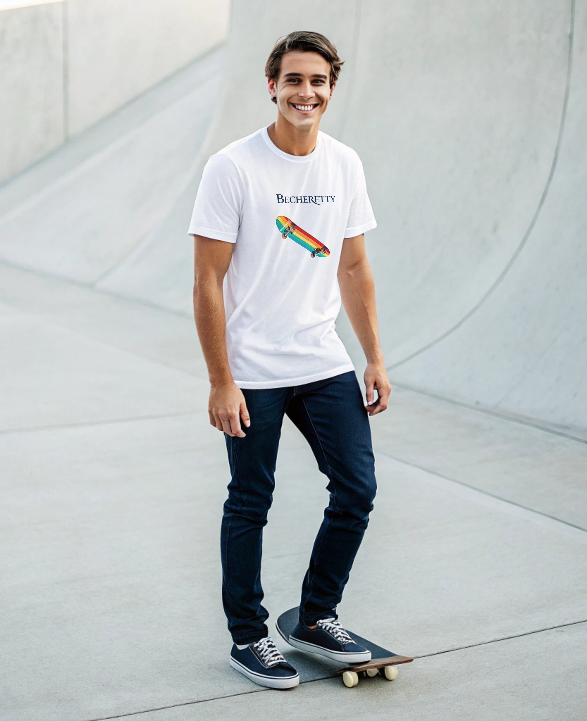 Man wearing a white t-shirt with a colorful graphic rainbow skateboard, standing on a skateboard in an urban setting.