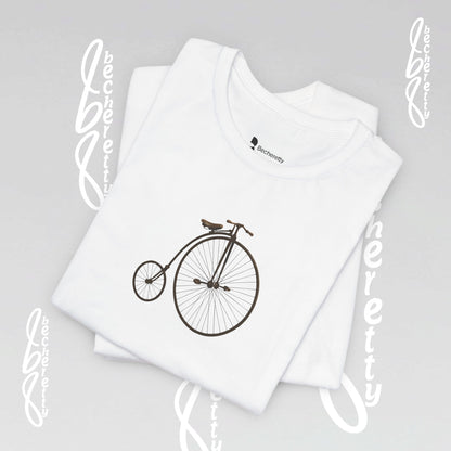 White t-shirt with a minimalist graphic of a 1870- Penny Farthing bicycle.