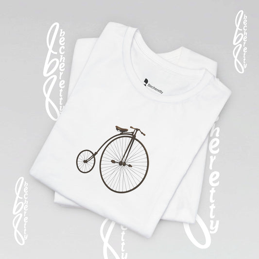 White t-shirt with a minimalist graphic of a 1870- Penny Farthing bicycle.