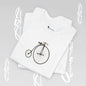 White t-shirt with a minimalist graphic of a 1870- Penny Farthing bicycle.