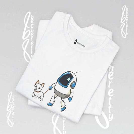 Futuristic Graphic Becheretty of a small robot, walking a dog - T-shirt unisex .Everyday Wear - Gift Idea