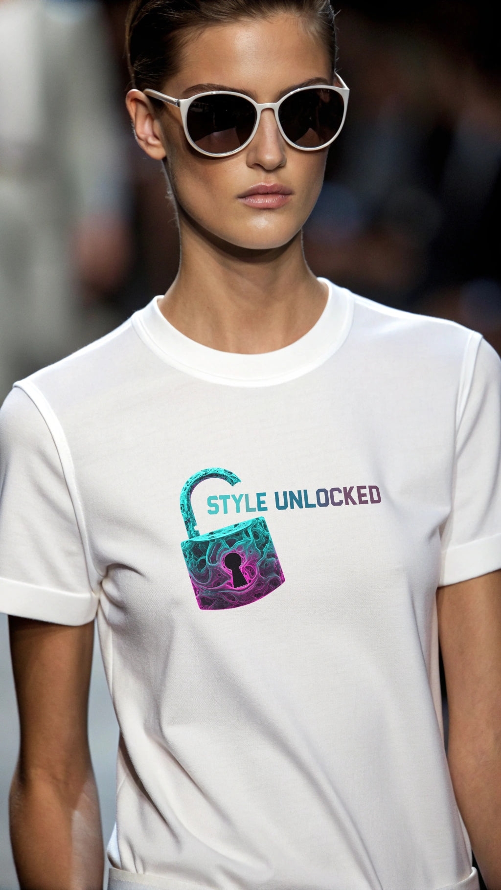 Model wearing a white t-shirt with a colorful graphic and text 'STYLE UNLOCKED' on a blurred background