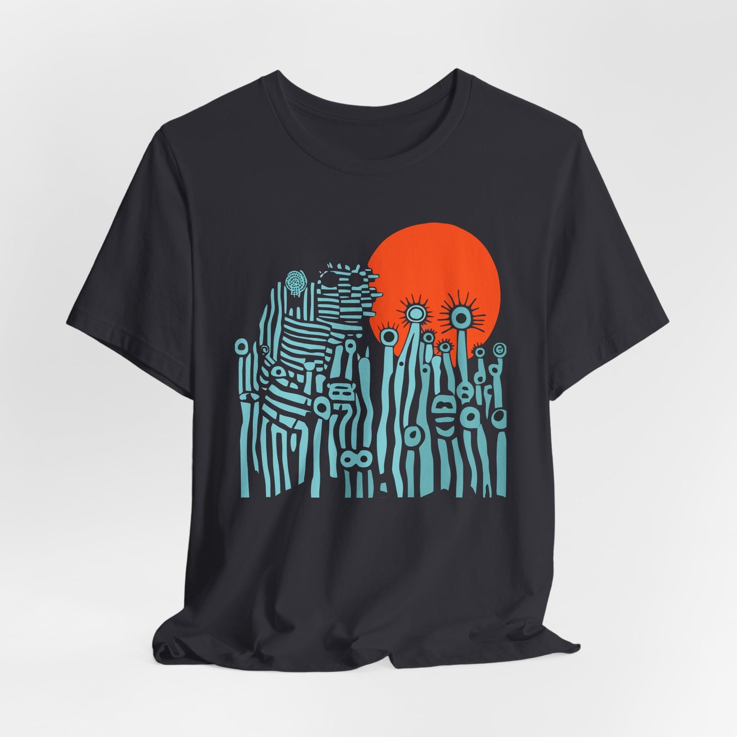 Black t-shirt with a graphic design of blue abstract shapes and an orange circle on a white background

Details