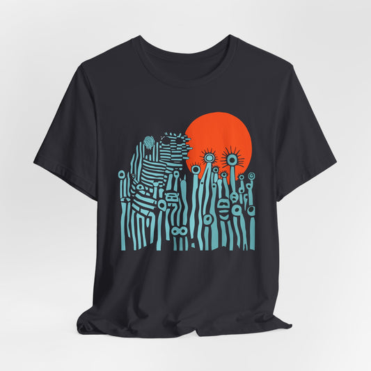 Black t-shirt with a graphic design of blue abstract shapes and an orange circle on a white background

Details