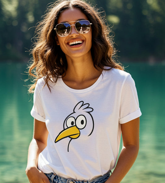 Woman wearing a white t-shirt with an artistic Minimalist Graphic Becheretty. Inspired from a child's drawing - Every Mind Can Fly - Celebrating Neurodiversity.