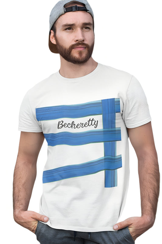 T-shirt with an artistic graphic, representing a broken blue fence, with the name Becheretty between two bars.
