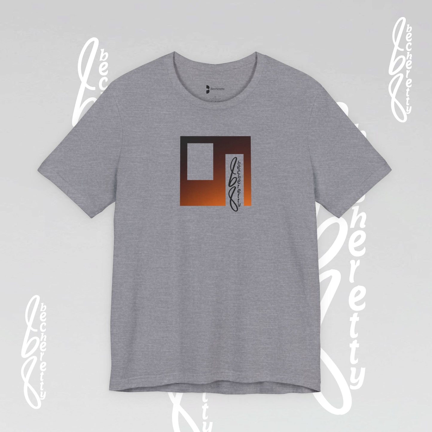 Gray T-shirt with a minimalist Becheretty art graphic, geometric figure color gold.