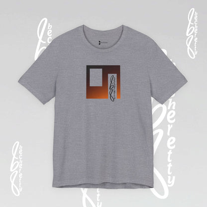 Gray T-shirt with a minimalist Becheretty art graphic, geometric figure color gold.