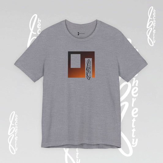 Gray T-shirt with a minimalist Becheretty art graphic, geometric figure color gold.