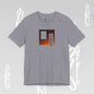 Gray T-shirt with a minimalist Becheretty art graphic, geometric figure color gold.