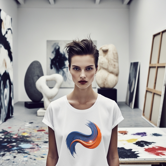 Woman wearing a white t-shirt with a colorful design in an art studio.