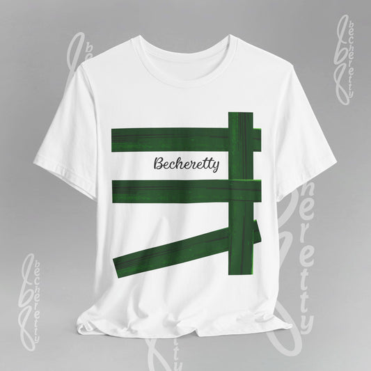 White t-shirt with a minimalist graphic of a broken green fence, and the name Becheretty between two bars.