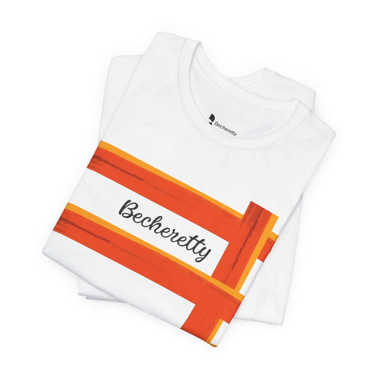 White t-shirt with a minimalist graphic of a broken orange fence, and the name Becheretty between two bars.