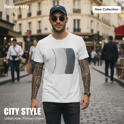 Man wearing a white t-shirt with a graphic artistic minimalist design, standing on a city street with 'Becheretty' branding.